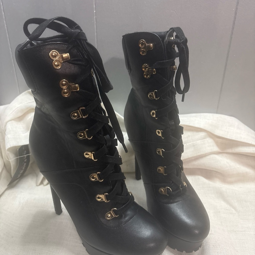 Fashion Nova Black Lace-Up Gold-Hardware Ankle Boots